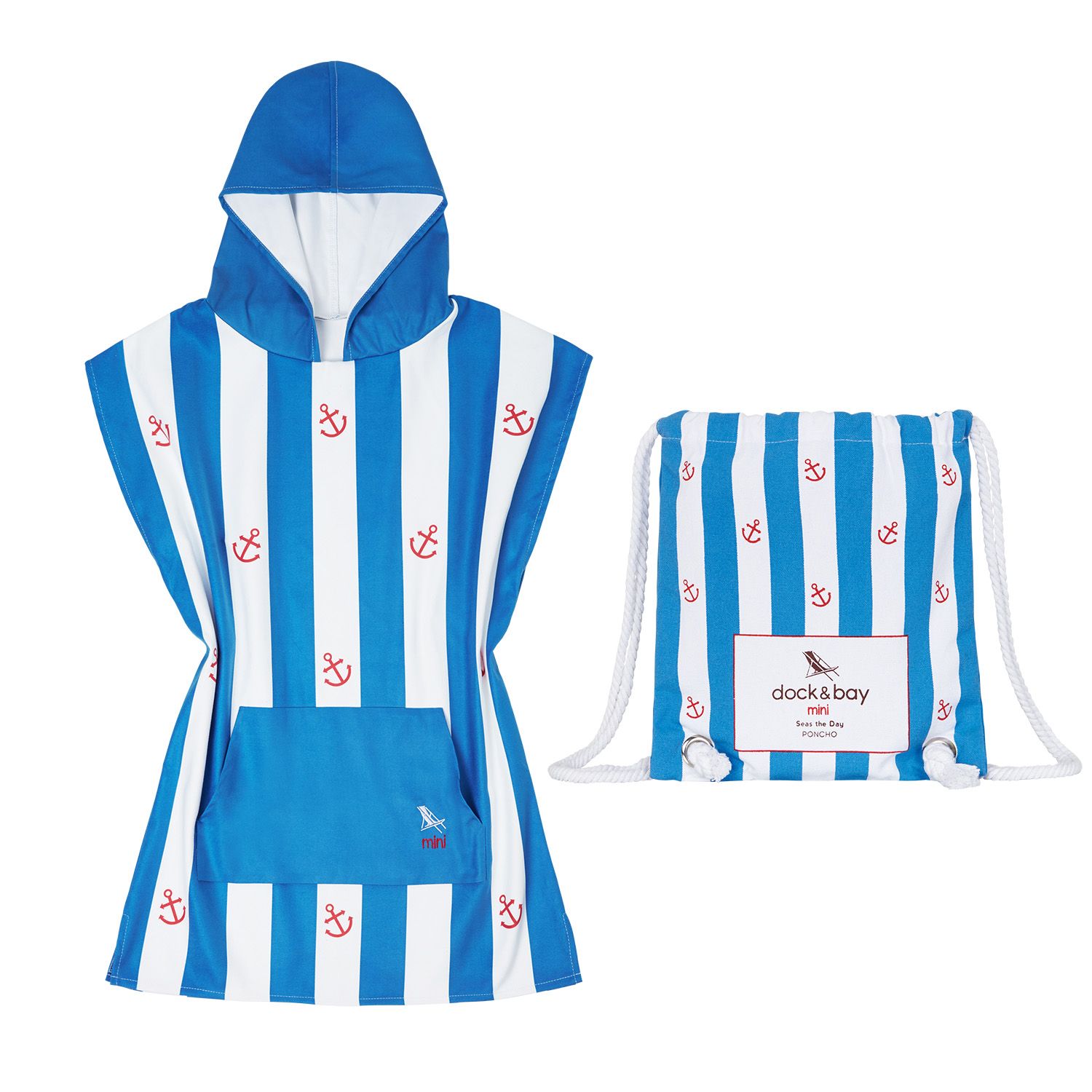 Dock & Bay Kids Microfiber Poncho Towel - Blue Anchor - Childrens Small