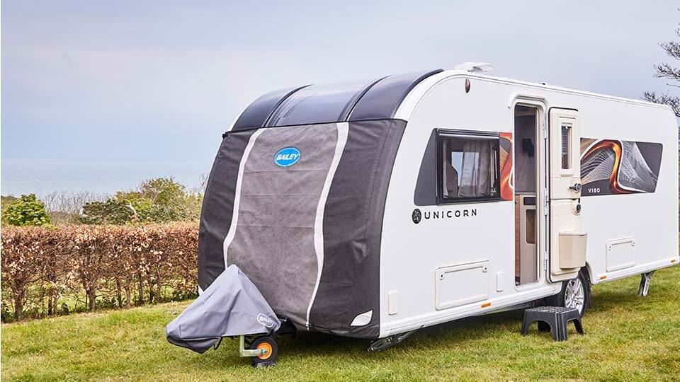Bailey Unicorn caravan with tow pro towing cover and hitch cover